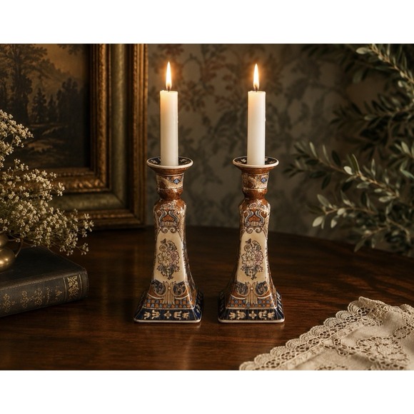 HFP Macau Other - Vintage Pair‎ Asian Imari Style Porcelain Candlesticks Blue Gold Floral 9" Tall